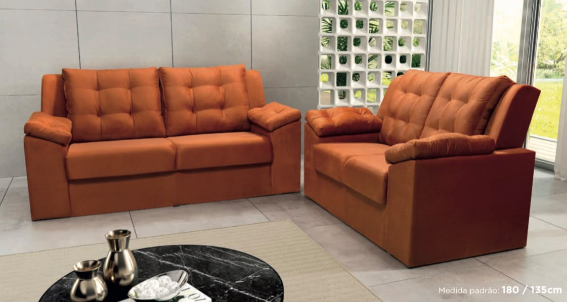 Conjunto de sofás 3 e 2 lugares com encosto capitonê e braços almofadados — medida padrão 180 / 135 cm    ref.712