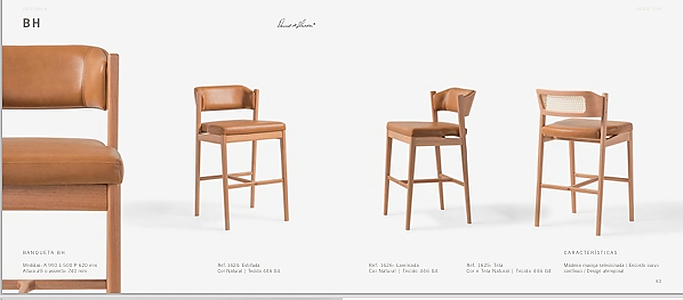 Banqueta BH em madeira maciça, versões estofada, laminada e palhinha — catálogo Volttoni