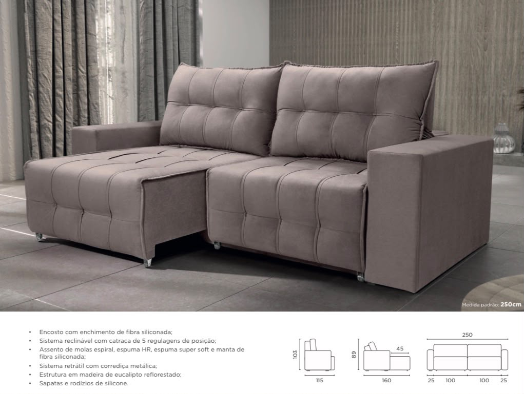 Sofá retrátil e reclinável  250 cm, encosto em fibra siliconada, catraca com 5 regulagens, assento de molas espiral com espuma HR, espuma super soft e manta siliconada, corrediça metálica, sapatas e rodízios de silicone  ref.1060