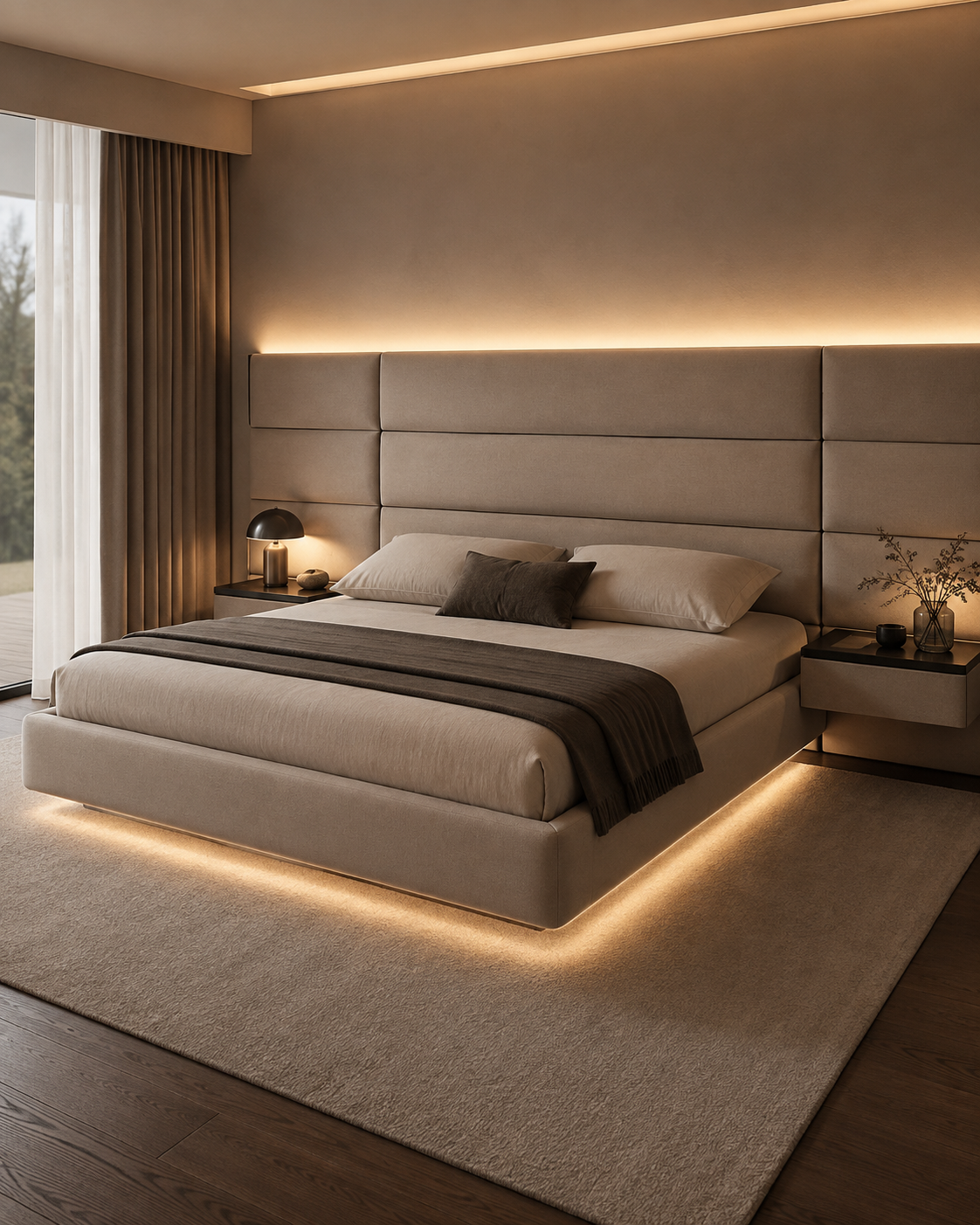 Projeto personalizado: painel de cabeceira modulado em placas horizontais fendi com base box e iluminação de piso