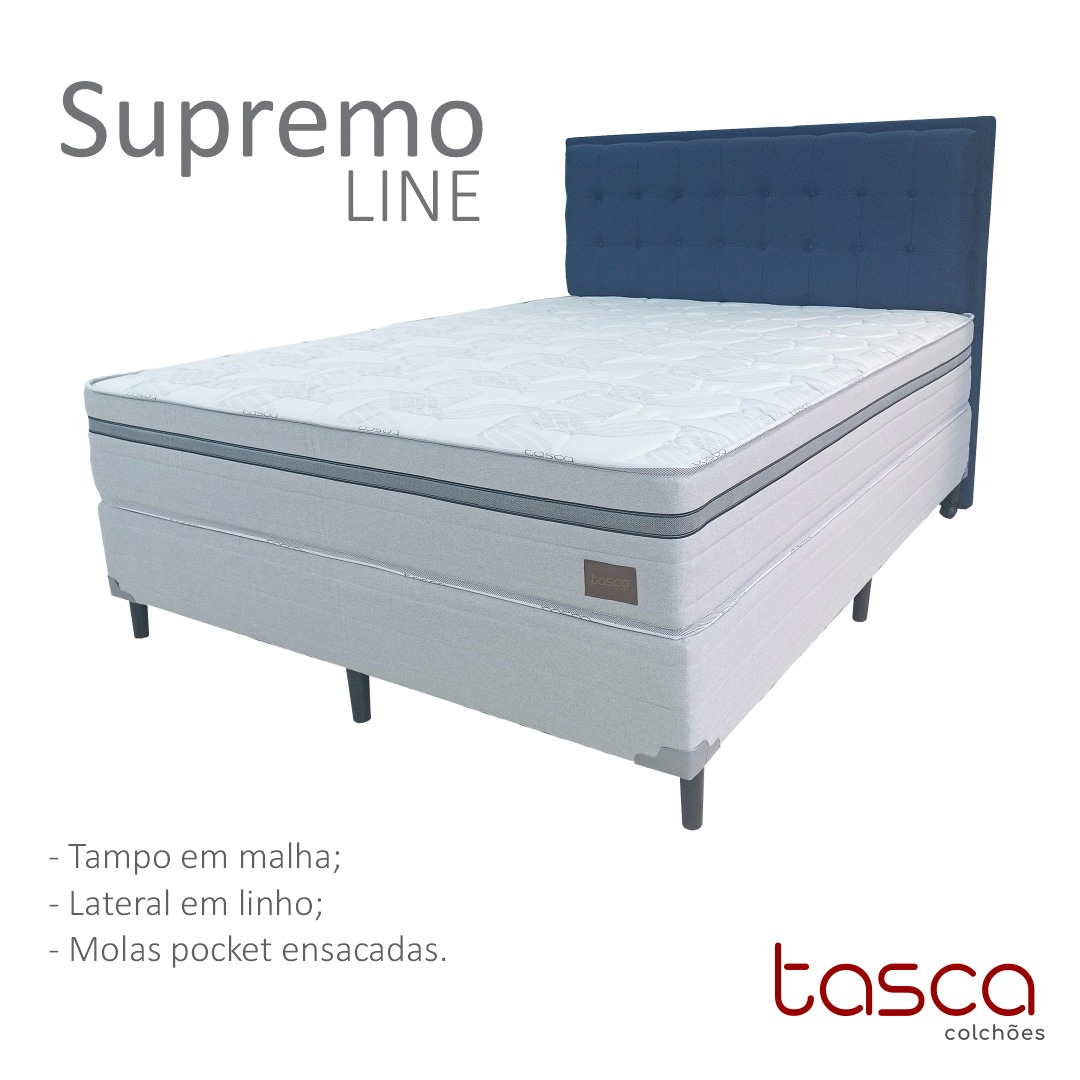 Conjunto Supremo Line Tasca — tampo em malha, lateral em linho, molas pocket ensacadas, com cabeceira estofada azul