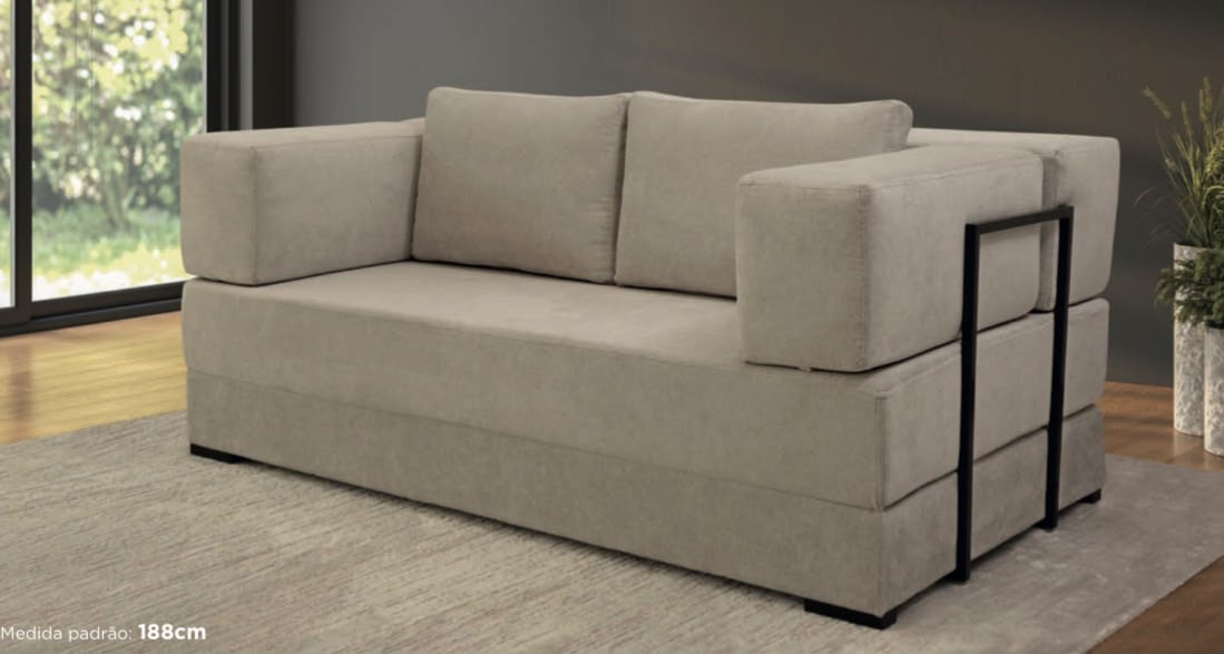 Sofá-cama 2 lugares  com detalhe em ferro preto — medida padrão 188 cm     ref.812