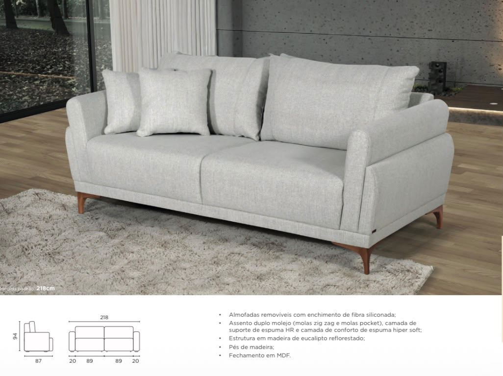 Sofá fixo 3 lugares cinza claro — 218 cm, assento duplo molejo (zig zag e pocket), espuma HR e hiper soft, almofadas removíveis em fibra siliconada, pés de madeira