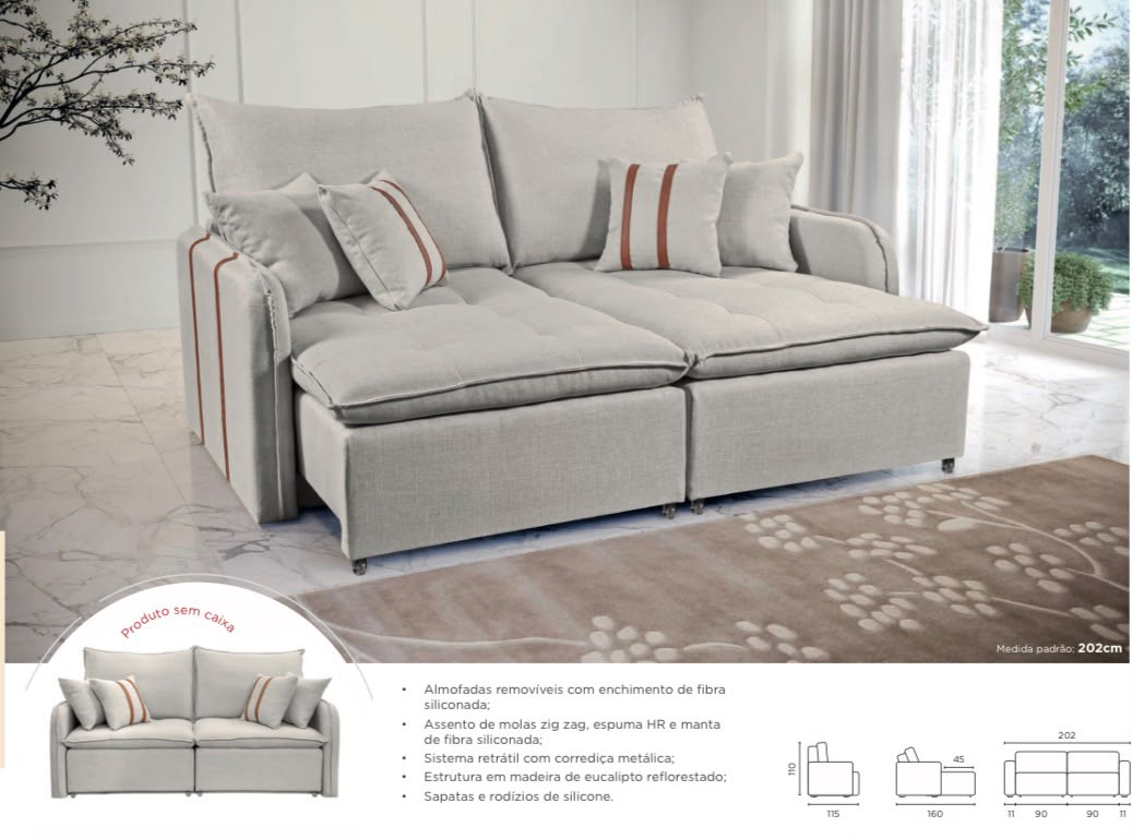 Sofá retrátil 202 cm  (produto sem caixa) — almofadas removíveis in fibra siliconada, assento de molas zig zag com espuma HR e manta siliconada, corrediça metálica, eucalipto reflorestado, sapatas e rodízios de silicone  ref.1036