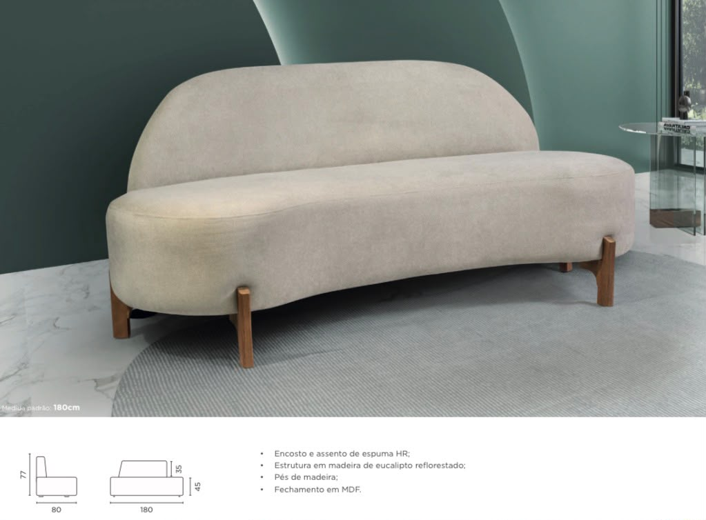Sofá curvo orgânico 180 cm  encosto e assento in espuma HR, estrutura in madeira de eucalipto reflorestado, pés de madeira e fechamento in MDF   ref.1034