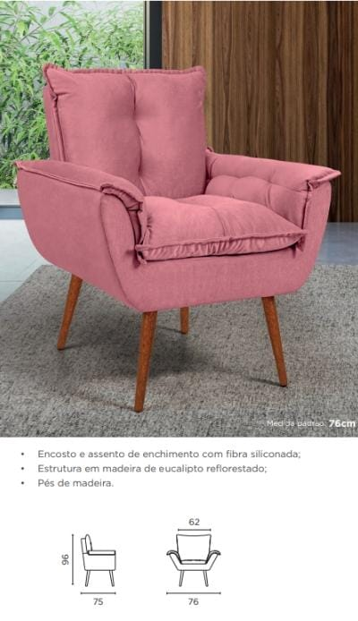 Poltrona opala rosé com pés de madeira
