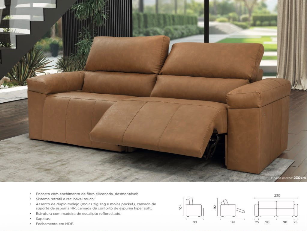 Sofá retrátil e reclinável touch em couro caramelo — 230 cm, encosto desmontável em fibra siliconada, assento duplo molejo (zig zag e pocket), espuma HR e hiper soft, estrutura em eucalipto reflorestado com sapatas