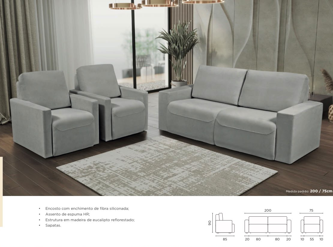 Conjunto sofá 2 lugares e duas poltronas  200 / 75 cm, encosto com enchimento de fibra siliconada, assento de espuma HR, estrutura em madeira de eucalipto reflorestado e sapatas      ref.718