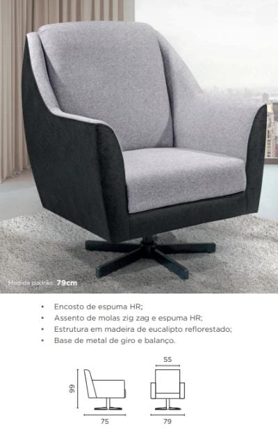 Poltrona cinza e preta com base giratória de metal