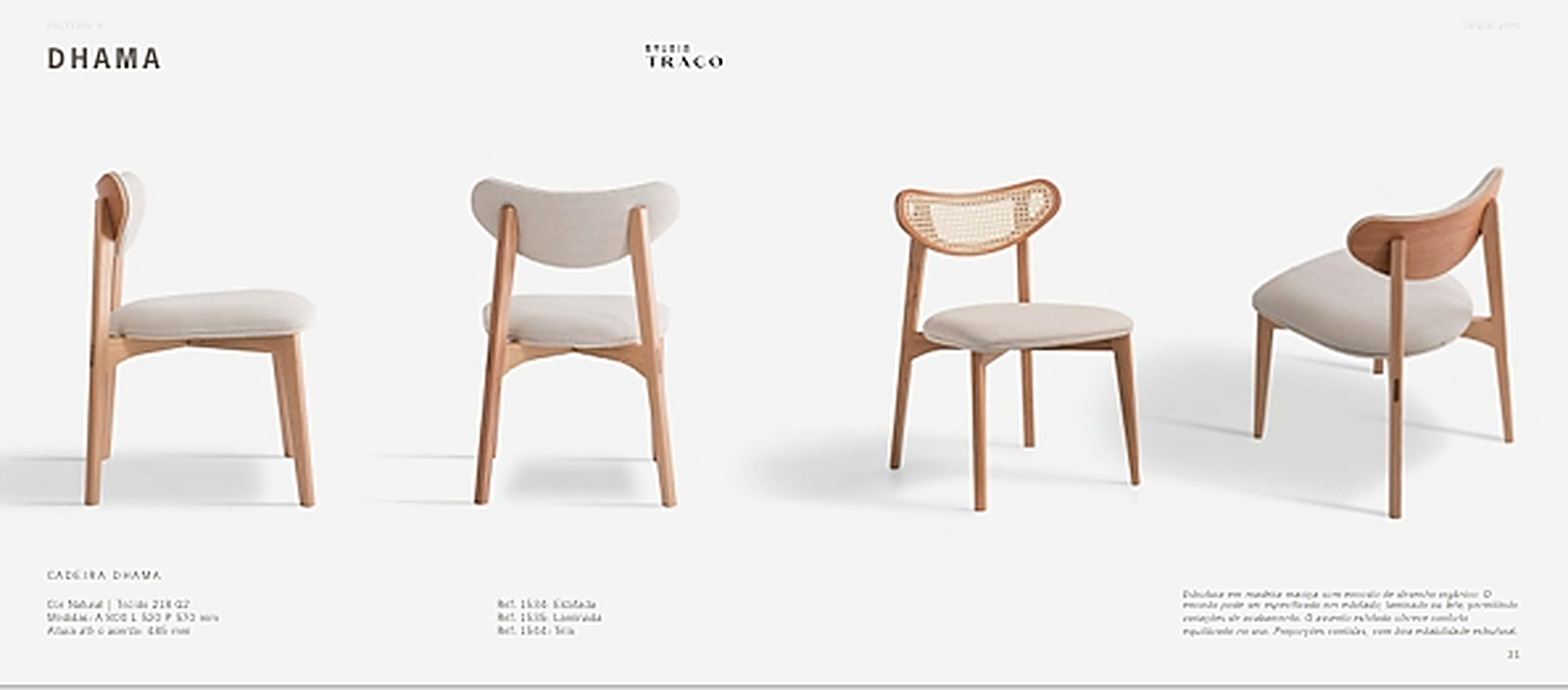 Cadeira Dhama em madeira natural, versões estofada, laminada e palhinha — catálogo Volttoni