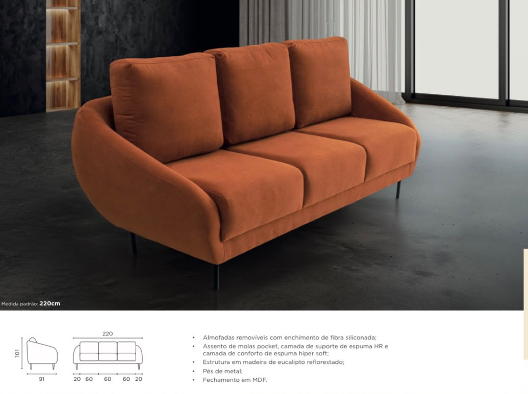 Sofá fixo 3 lugares em veludo terracota — 220 cm, assento de molas pocket, espuma HR e hiper soft, almofadas removíveis em fibra siliconada, pés de metal