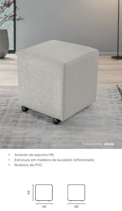 Puff quadrado off-white com rodízios