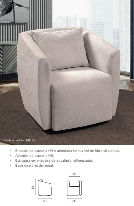 Poltrona bege com almofada removível e base giratória